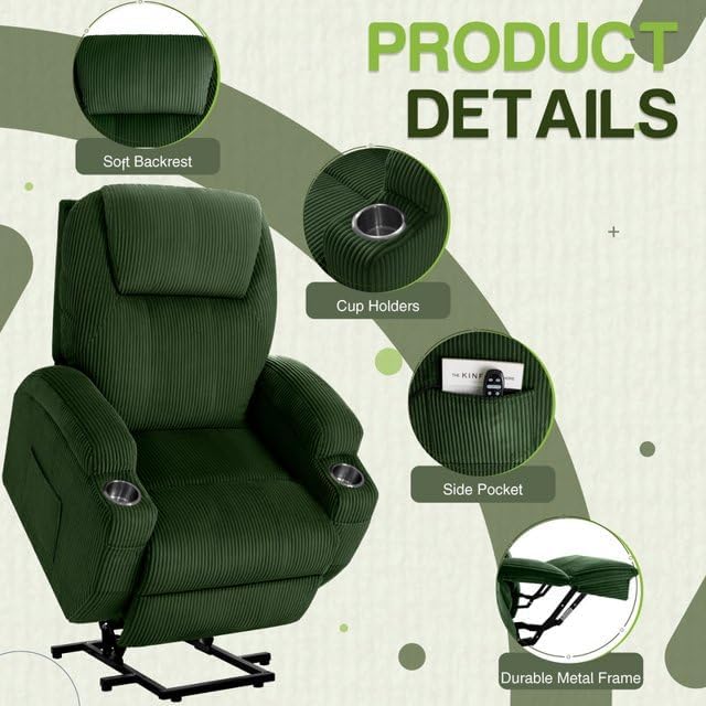 Furmax Electric Power Lift Recliner Chair with Massage for Elderly Corduroy Fabric Recliner Single Sofa with Cup Holders Side Pockets and Remote Control for Living Room Bedroom (Green)