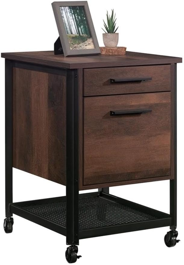 Pemberly Row Mobile File Cabinet Engineered Wood and Metal Barrel Oak Finish 26.58 H x 17.95 W x 20.32 D 2 Drawers with File Storage Perforated Shelf Locking Casters Home Office Organizing
