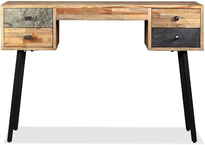 Vintage-Style Writing Computer Desk with 4 Drawers and Metal Legs Home Office Desk Writing Study Table PC Desk Workstation for Bedroom Solid Reclaimed Teak 43.3x19.6x29.9 -AA