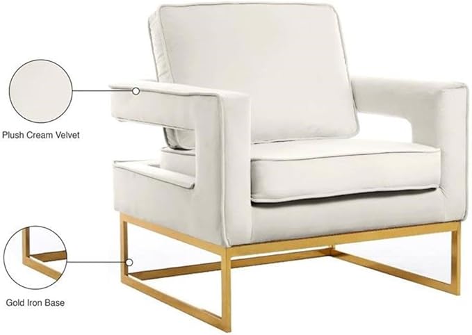 Pemberly Row Modern Velvet Accent Chair Cream Upholstery Gold Iron Base 33 W x 29 D x 35 H High-Density Foam Cushion Stylish Living Room Seating for Relaxing or Reading