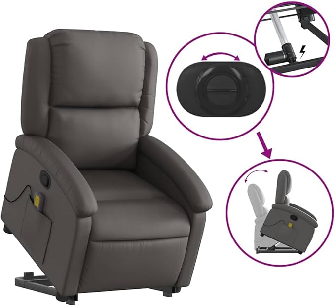 vidaXL Gray Real Leather Power Lift Massage Recliner - Electric Motor Stand-Up Armchair Manual Tilt Vibration Massage Foam Padded