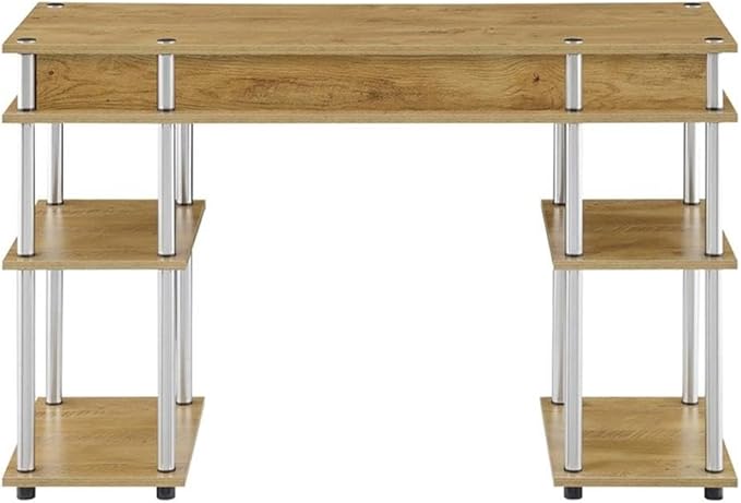 Pemberly Row No Tools Student Desk with Shelves 47.25 x 15.75 x 30 in Light Oak Wood Finish Particleboard Shelves Stainless Steel Legs Modern Home Office or Dorm Desk with Storage