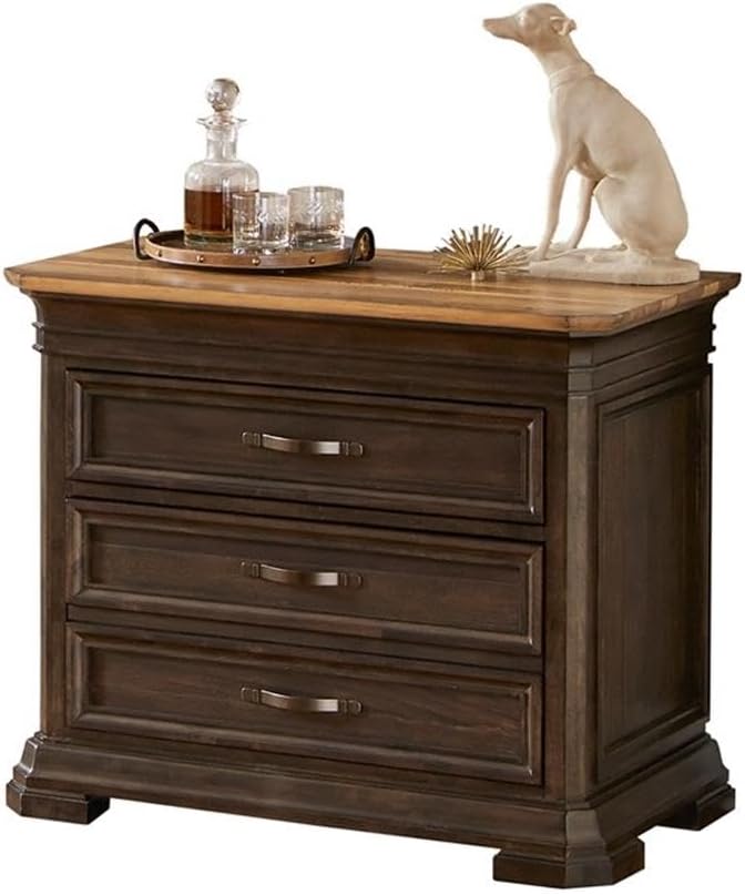 BOWERY HILL Executive Lateral Filing Cabinet with Solid Wood Plank Top in Brown Solid Wood Construction Sturdy and Durable Office or Home Use Secure Document Storage