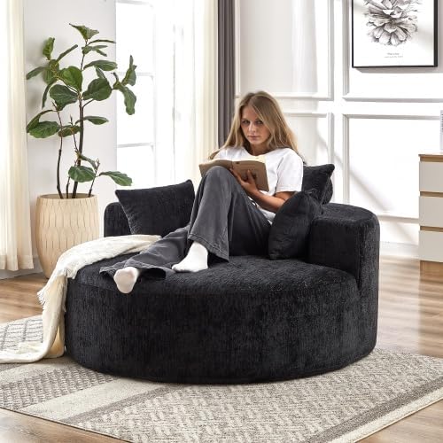 Oversized Round Chaise Lounge Chair Indoor 55'' Chenille Deep Seat Circle Single Floor Sofa Chairs Modern Upholstered Sponge Armchair Cloud Sleeper Chair for Living Room Bedroom Apartment Black