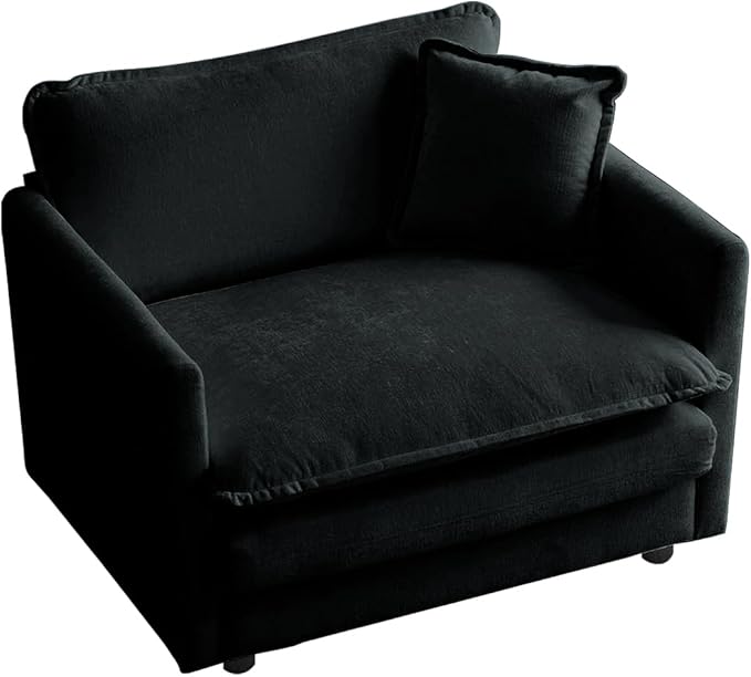 Black Chenille Accent Chair with Ottoman Comfy Armchair Reading Chair for Living Room Bedroom Modern Home Office Seating
