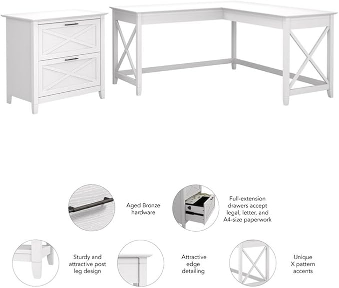 Bush Furniture Key West 60W L Shaped Desk with 2 Drawer Lateral File Cabinet in Pure White Oak Large Corner Table and Document Storage for Home Office