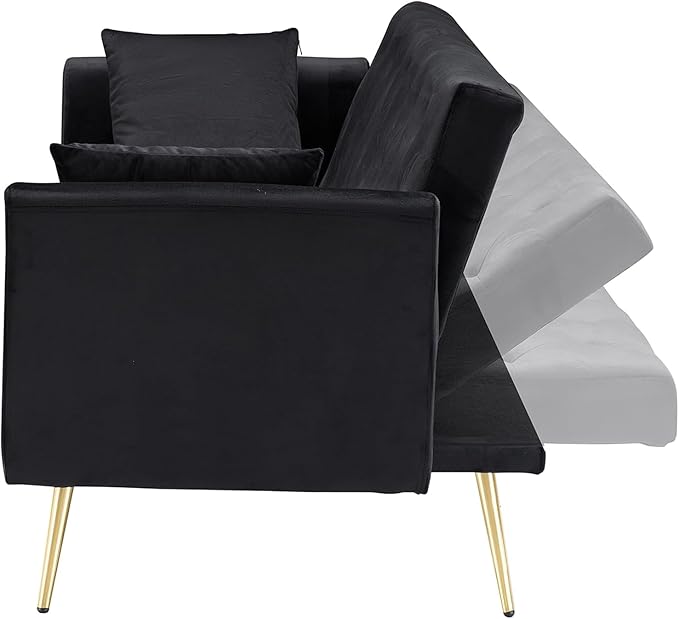 71 Convertible Folding Sleeper Sofa CouchModern Velvet Loveseat Sleeper with 2 Pillows Futon Sofa Bed with Mattress and Frame for Living RoomBedroomSmall Space (Black)
