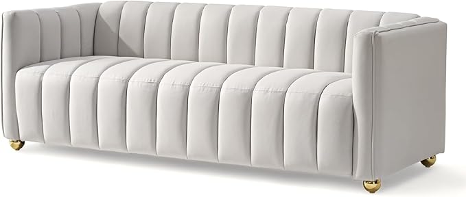 Direct Glam Fabric Upholstered Solid Wood Frame 82.7 Art Deco Sofa for Living Room Office Sophisticated 3 Seater Couch Ivory