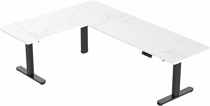 VIVO Electric Height Adjustable 83 x 60 inch Corner Stand Up Desk 2 White Marble Dry Erase Solid Table Tops Black Frame Memory Controller L-Shaped Workstation 3E Series DESK-KIT-3E8BWM