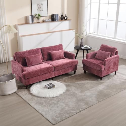 QQU Modern Upholstered Armchair Chenille Fabric Single Armchair with Cushions Living Room Lounge Chair Reading Chair with Solid Wood Frame Suitable for Bedroom Reception RoomWine Red