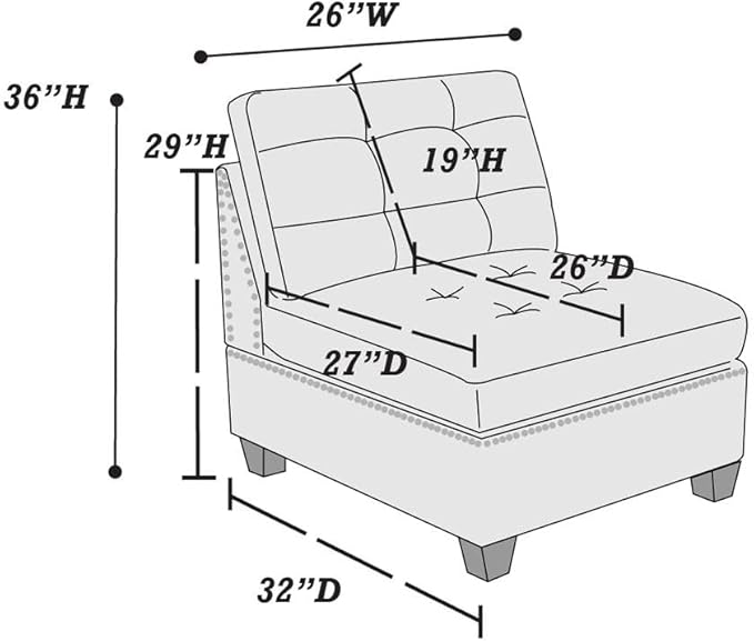 Living Room Furniture Tufted Armless Chair Grey Linen Like Fabric 1pc Armless Chair Cushion Nail Heads Wooden Legs
