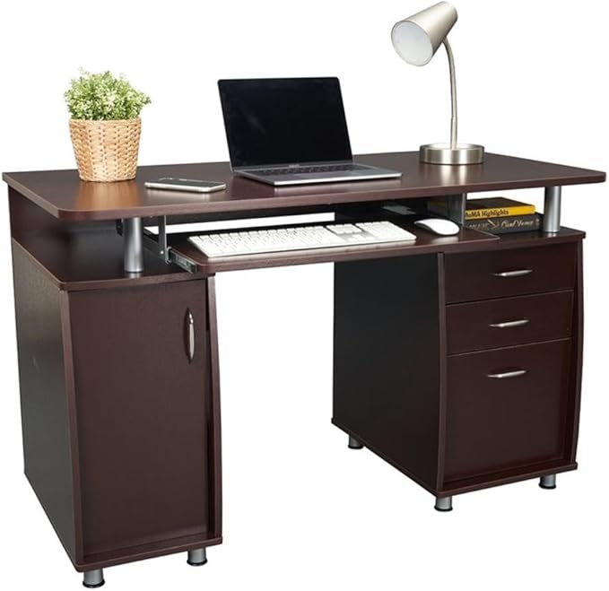 Scranton &amp Co Transitional Wood Computer Office Desk 48 W x 24 D x 30 H Chocolate Finish MDF Construction Built-in Storage CPU Stand Compartment Home Office Desk for Work or Study