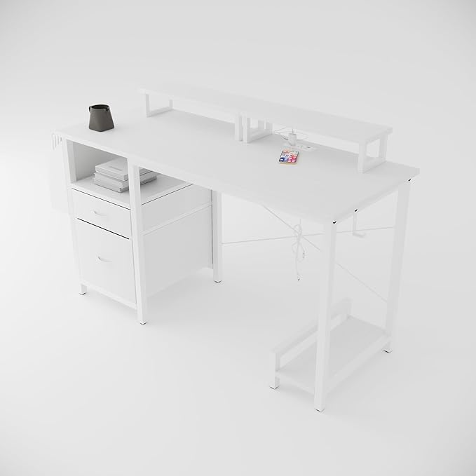 Modern 47 Home Office Writing Desk with Power Outlet &amp 2 Drawers Gaming Desk w/ 2 Monitor Stands &amp Side Pocket for Office Crowd &amp Gaming Crowd (White)