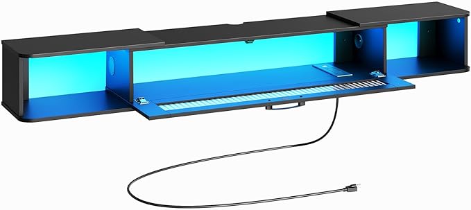 HOOBRO Floating TV Stand with LED Light Power Outlet for TVs up to 75” Wall Mounted TV Shelf Modern Media Console Entertainment Center Under TV for Living Room Bedroom Black BK36UDDS01G1