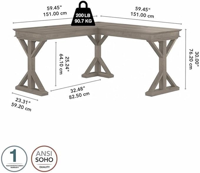 Pemberly Row 60W L Shaped Desk Driftwood Gray Finish Engineered Wood Farmhouse Style Built-in Wire Management Durable Home Office Desk for Workspace or Corner Placement