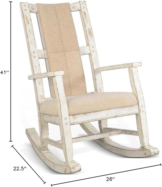 Pemberly Row Mahogany Rocking Chair with Cushioned Seat and Back Studded Accents Smooth Rocking Motion White