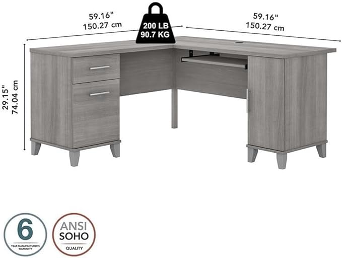 Pemberly Row 60W L Shaped Desk with Storage Platinum Gray Finish Engineered Wood Pullout Keyboard Tray Adjustable Shelf File Drawer Home Office or Living Room Desk