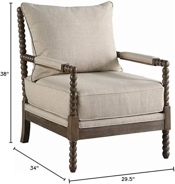 BOWERY HILL Modern Accent Chair Beige Fabric Upholstery Dark Walnut Wood Finish Cushion Back 38 H x 29.5 W x 34 D Casual Style Solid Pattern Living Room Seating