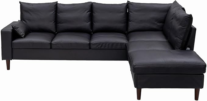 Panana 5 and 6 Seater Convertible Sectional Sofa CouchL-Shape with Universal Corner and Bulit-in USB Charging Port Chaise (Black Leather Look Fabric 6 Seater Corner with Built-in USB Port Chaise)