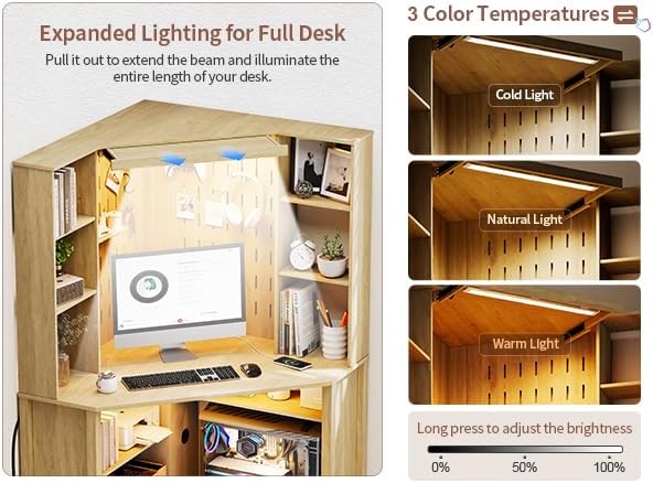 L-Shaped Corner Desk LED Light Computer Desk with Charging Station Hutch Storage Shelves &amp File Cabinet Home Office Desk Workstation for Small Space Natural Wood