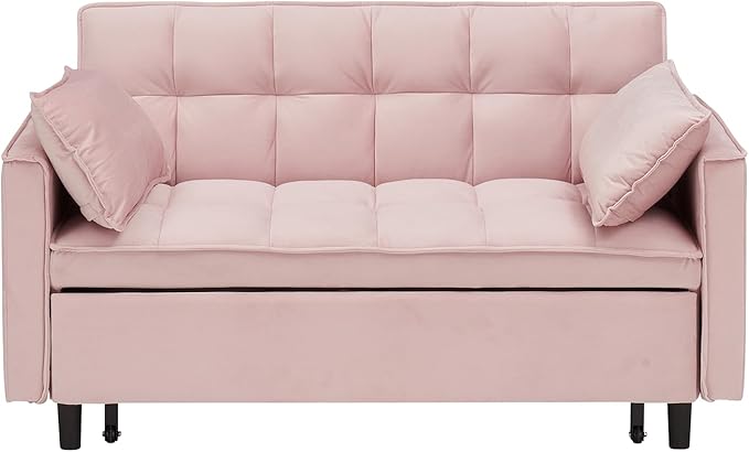 3 in 1 Convertible Sleeper Sofa Bed 55 Pull Out Couches Modern Loveseat Sleeper Sofa with Adjustable Reclining Backrest &amp Side Pockets for Living Room Velvet Fabric Pink