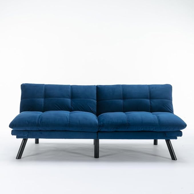 LLS 70.87 Velvet Futon Sofa Bed Modern Convertible Sleeper Sofa Couch with Adjustable Backrest and Armrests Tufted Loveseat Sofa with Metal Legs for Living Room Bedroom Apartment Navy Blue