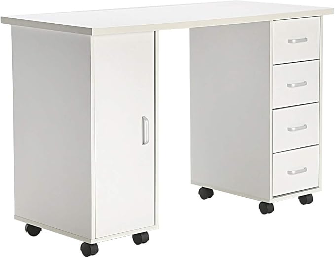 Rolling Desk Table White Computer Desk with 4 Drawers1 DoorWriting Home Office Workstation Mobile Home Office Desk Study Writing Desk with Smooth WheelsSpace Saving Compact Desk for Dorm Apartment