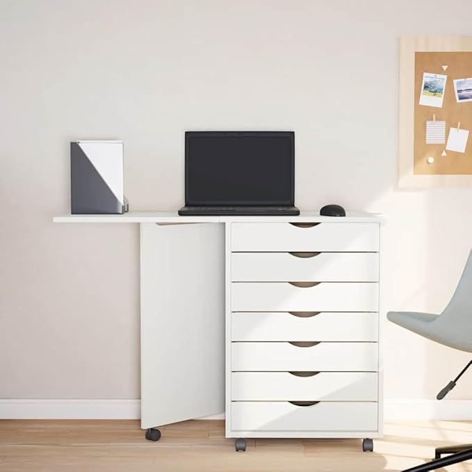 Foldable Design Rolling Cabinet with 7 Storage Drawers Modern Design Mobile Home Office Study Writing Desk with Smooth Wheels Space Saving Compact Desk-888