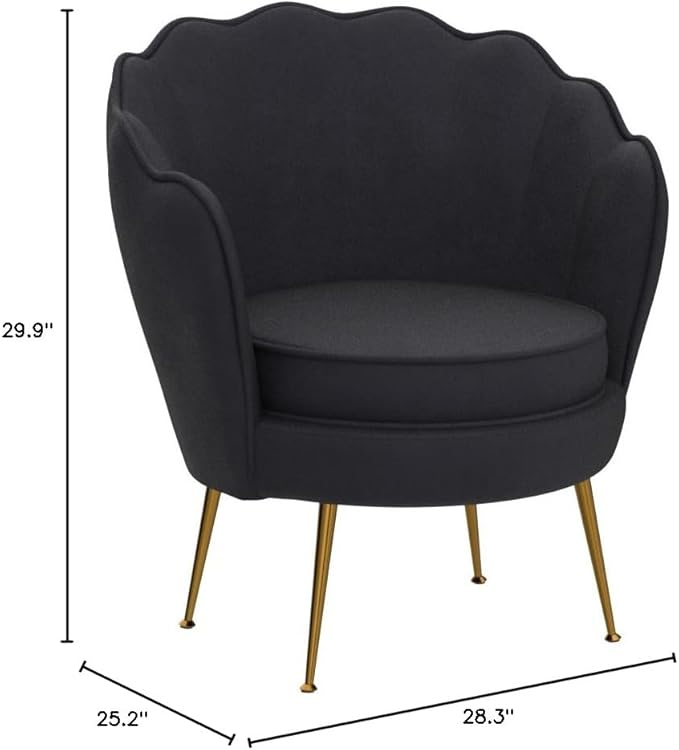 Velvet Barrel Accent Chair with Scalloped Silhouette and Gold Metal Legs Decorative Piece Suitable for Traditional Modern and Contemporary Spaces Black