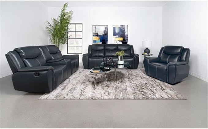 Pemberly Row Faux Leather Upholstered Motion Recliner Chair Blue Manual Recline Wall Hugger Design Pocket Coil Spring Seat 40.25 H x 55 W x 39.25 D Comfortable Foam Cushions for Living Room