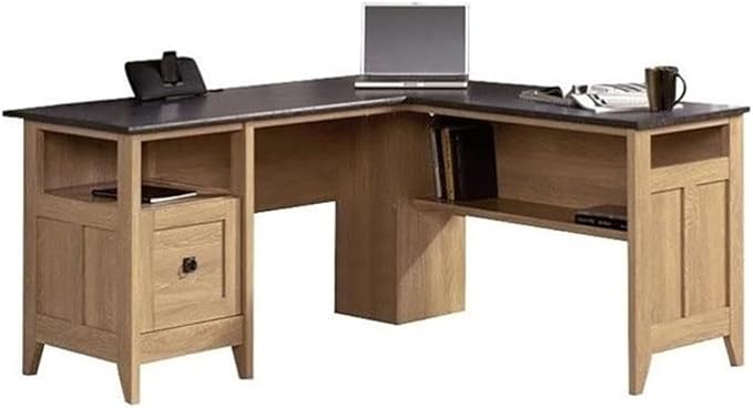 BOWERY HILL Transitional L-Shaped Desk Manufactured Wood Dover Oak and Slate Finish 59 W x 58.75 D x 29.25 H Home Office Desk with File Drawer Cable Management Lower Storage Shelf