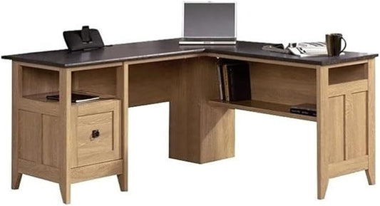 Pemberly Row L-Shaped Desk 59 x 58.75 x 29.25 in Manufactured Wood Dover Oak and Slate Finish Cable Management File Drawer Lower Shelf Transitional Style Home Office Desk