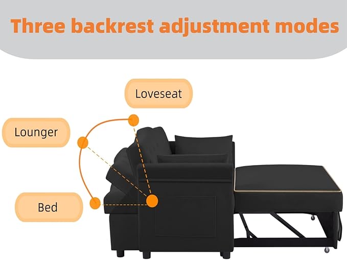 57-Inch Velvet Full Size Sleeper Sofa Couch with Pullout BedConvertible Pull Out with Golden Decorative Strip and Adjustable Backrest for Small SpacesApartment Guest Room RV (Black)