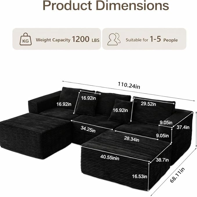 110 Boneless Couch with 2 Ottomans Corduroy U-Shaped Modular Cloud Sofa with Deep Seats Ergonomic Memory Foam Couches for Living Room No Assembly Sectional Sofas 5 Seater Black