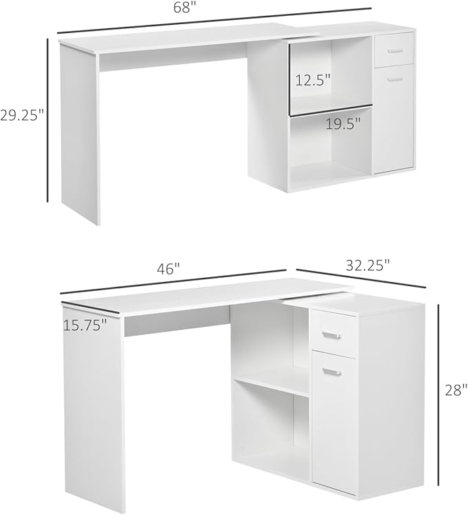 L Shaped Corner Desk with Storage Shelves and Rotating Design for Home Office White
