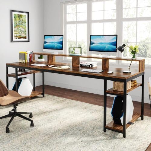 78 Two Person Computer Desk with Drawers Long Double Home Office Desk with with Storage Shelves Large Gaming Study Writing Table Workstation for Office (Brown-Monitor Stand)