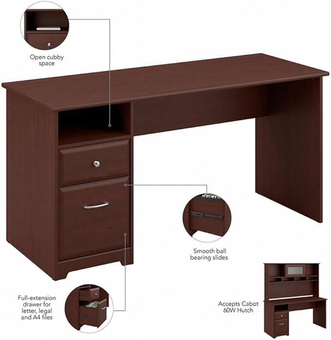 Bush Home Cabot 60W Computer Desk with Drawers in Harvest Cherry Workstation and File Storage Desktop with Organization Solution for Home Office