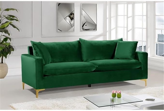 Meridian Furniture Naomi Collection Modern | Contemporary Green Velvet Upholstered Sofa with Stainless Steel Base in a Rich Gold or Chrome Finish 81.5 W x 33.5 D x 30 H (633Green-S)