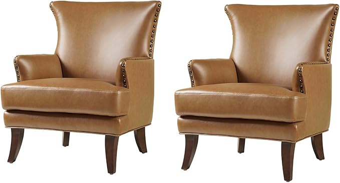 HULALA HOME Faux Leather Accent Chair with Arms for Living Room Modern Leather Single Sofa Armchair with Nailhead Trim Vegan Leather Wingback Accent Chair Lounge Sofa Chair Camel-S2