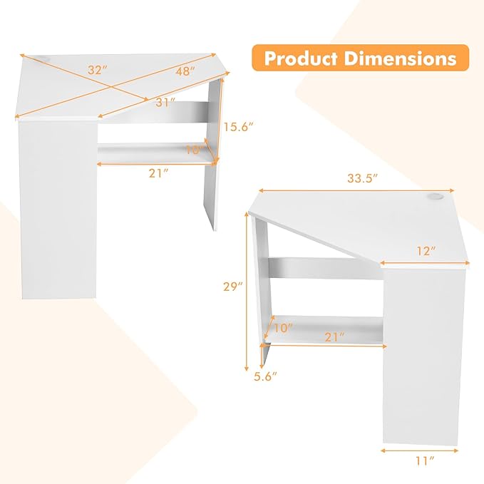 COSTWAY Corner Computer Desk Space-Saving Triangular Writing Desk w/ 2 Storage Shelves &amp 2 Cable Holes Multi-Functional Console Table for Small Space in Home Office Living Room Bedroom (White)