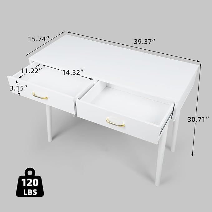 Small White Desk with 2 Drawers Modern Writing Desk for Small Spaces Home Office Desk for Study Laptop Computer Desk for Work Makeup Vanity Table for Bedroom (White)