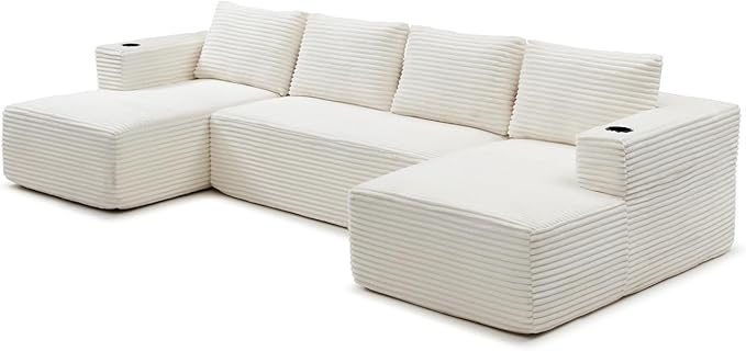 132 Modular Sectional Sleeper Sofa Boneless Cloud Couch for Living Room U Shaped 5 Seat Sofa with 2 Cup Holders Free Combination No Assembly Required (Beige)
