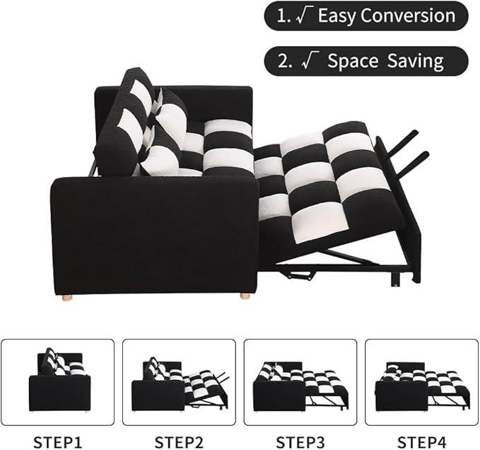 Loveseat Sleeper Sofa- Convertible Sofa Bed3 in 1 Pull Out Couch with Adjustable BackrestMulti-Functiona Lounge Chair with Teddy Fabric for Living RoomSmall Space (Black White)