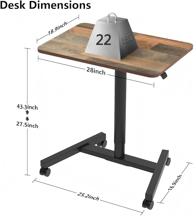 28-Inch Mobile Standing Desk Adjustable Height Portable Standing Desk with Lockable Wheels Rolling Table for Home Office Classroom Hospital (Rustic Brown Aluminum Pro)