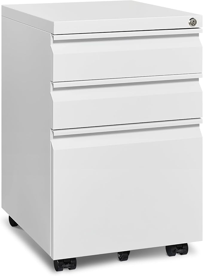 Mobile File Cabinet for Home Office Lockable 3 Drawer Filing Cabinet with Wheels for A4-Size/Letter-Size/Legal-Size Fully Assembled Except Casters White