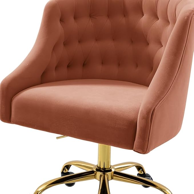 Velvet Office Chair with Gold Base Modern Cute Desk Chair Comfortable Adjustable Swivel Task Chair for Home Office Living Room Bedroom Vanity Study Coral