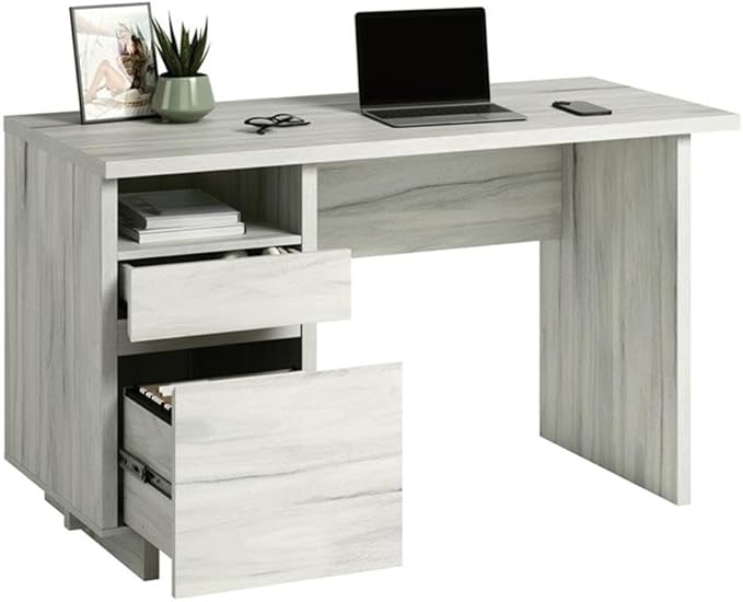 Pemberly Row Engineered Wood Desk 52 in Wide Haze Acacia Natural Finish Single Pedestal with Storage Drawers and Open Shelf Modern Home Office Desk for Organization and Workspace