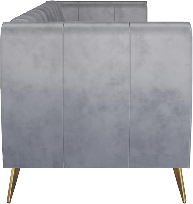 HOME DESIGN Scarlett Glam Velvet Flared Arm 3-Seater Sofa with Channel Tufting 4 Throw Pillows Gold Metal Legs Silver Gray