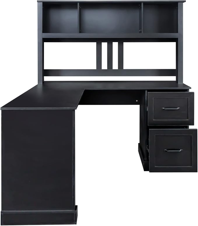 Bellemave L Shaped Computer Desk with Hutch Home Office Desk with Drawers and Bookshelf Corner Desk Study Table Writing Desk with Storage Easy Assemble Antiqued Black