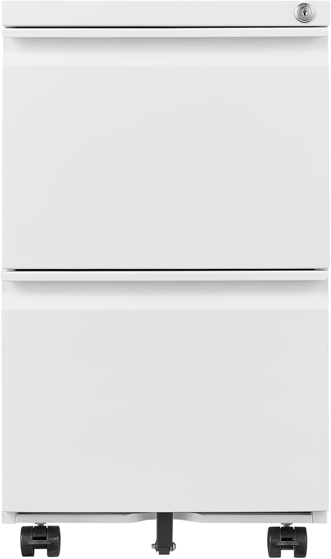 2 Drawer White File Cabinet with Lock Under Desk Storage Filing Cabinets with Wheels Small Rolling Metal Office Cabinet for Home Office Legal Letter and A4 Files